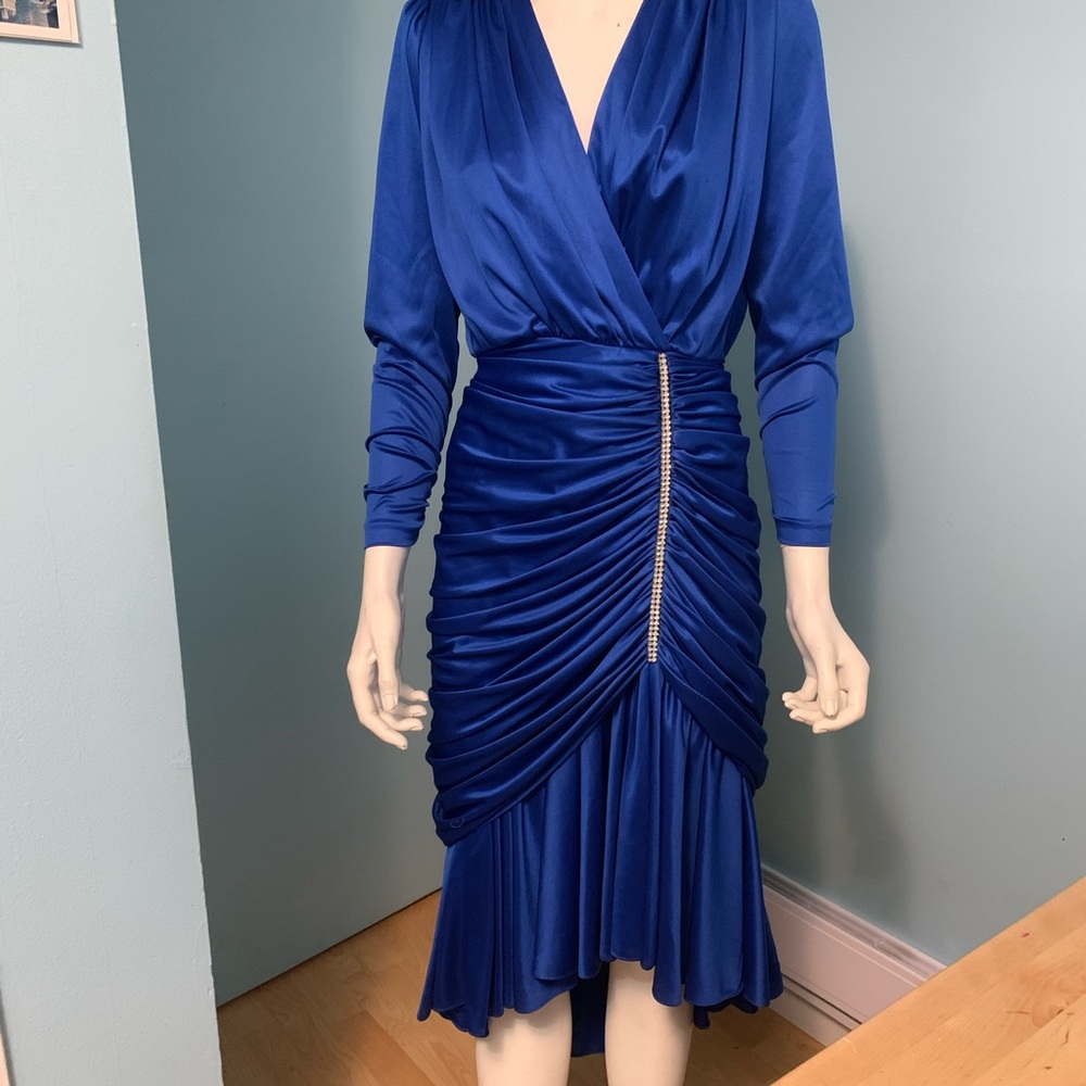 VINTAGE Royal Blue Long Sleeve Gown with Plunge Neckline